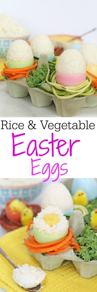 A healthy twist on Easter eggs, made with sticky rice and spiralized vegetables. Crack open the rice egg to reveal the hidden vegetable “yolk”!