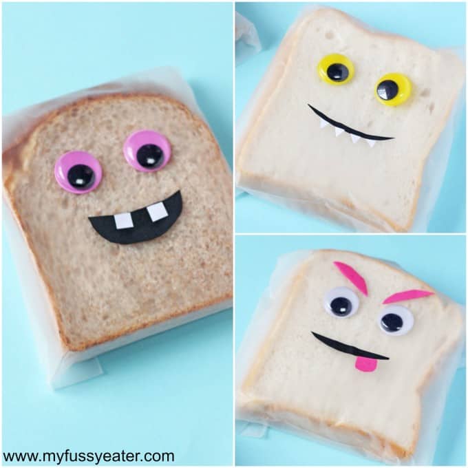 Make lunchtime fun for kids by popping one of these Monster Face Sandwich Bags in their lunchbox. Using plastic eyes and coloured paper to make fun monster faces! | My Fussy Eater blog
