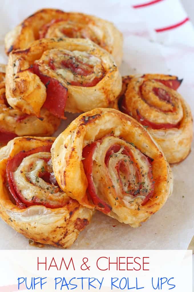 Delicious Ham & Cheese Roll Ups made with puff pastry.