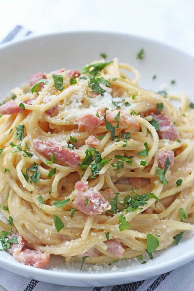 One Pot Spaghetti Carbonara with Bacon close up shot