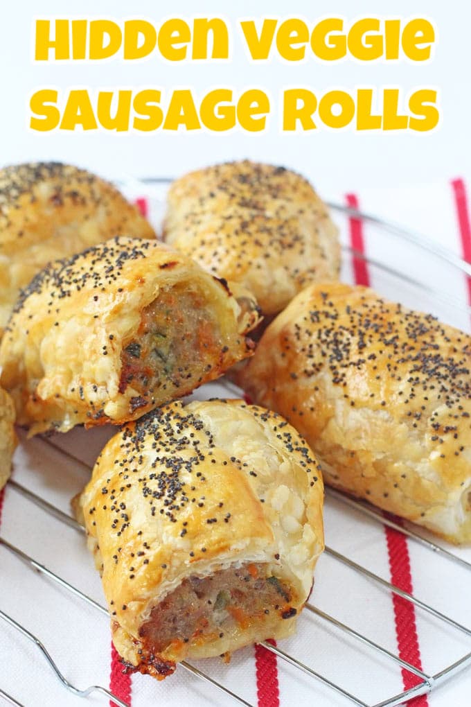 Hidden Veg sausage rolls served on a wire cooling rack.