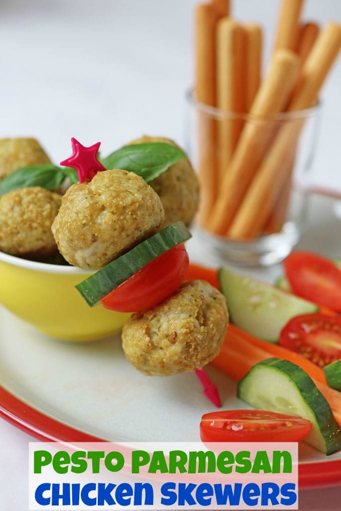 Pesto Parmesan Chicken Meatballs on a skewer
