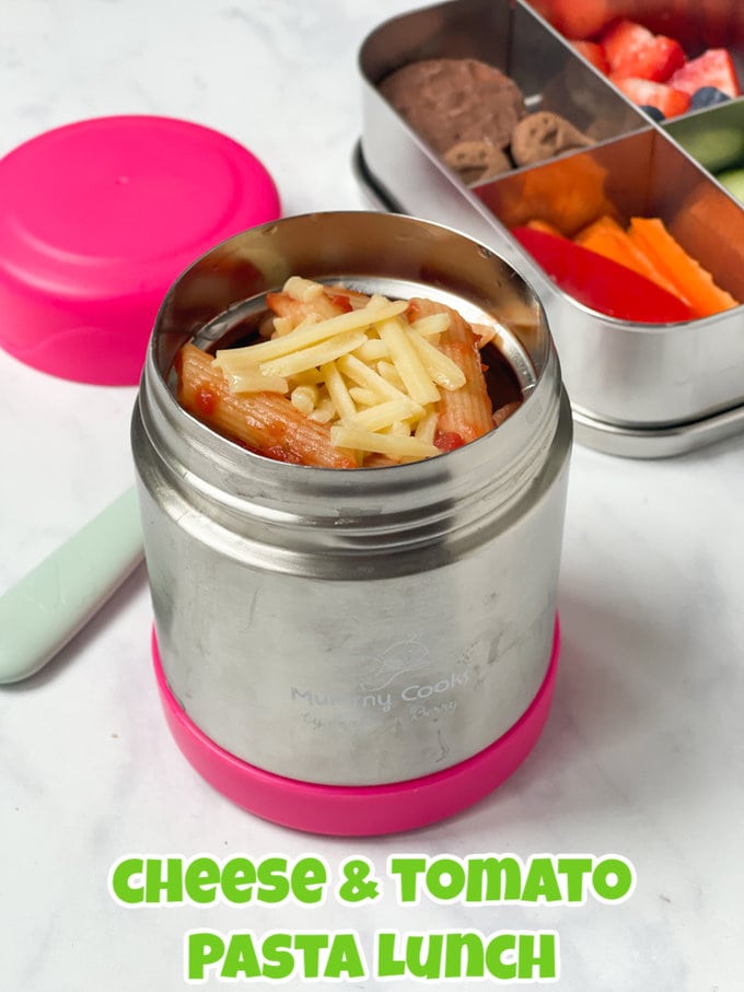 Back-To- School Lunchbox Ideas - Cheese & Tomato pasta packed into a thermos with grated cheese on top.