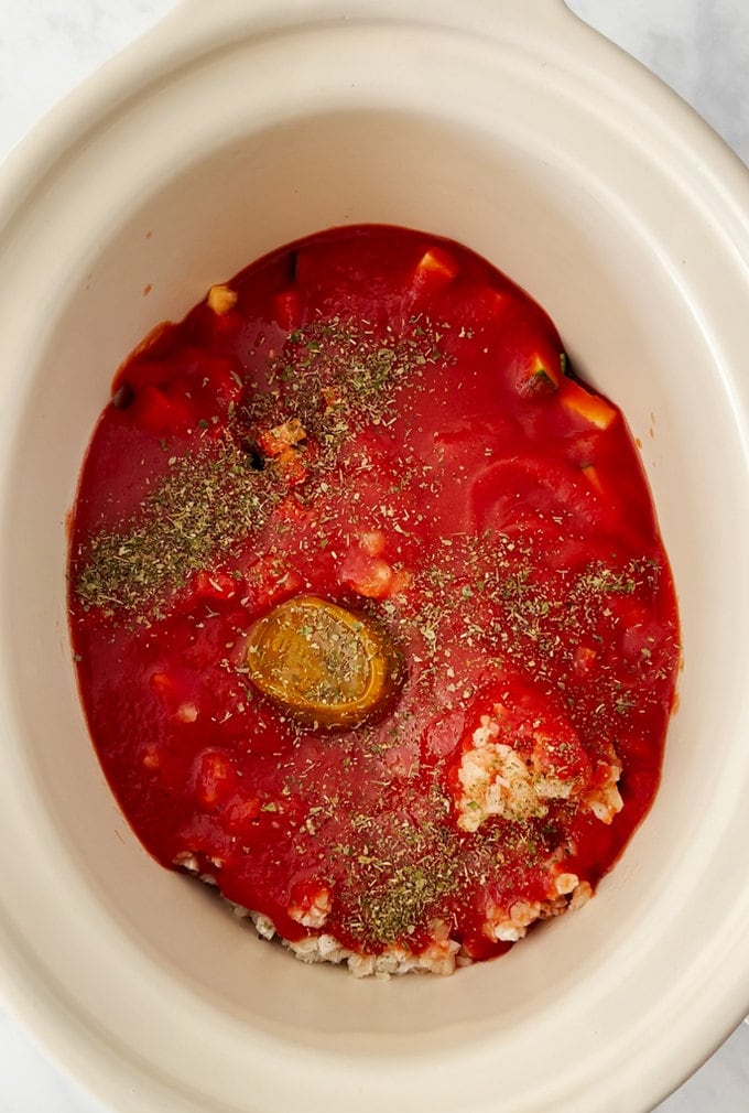 Ingredients all in the slow cooker ready for cooking,