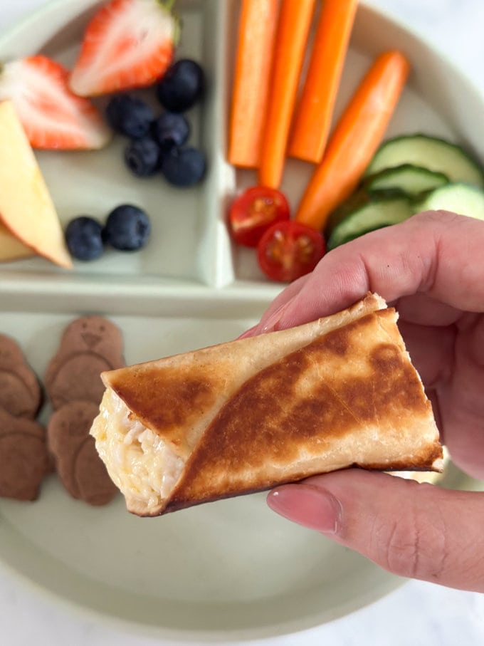 Close up photo of Toasted Chicken & Cheese Wraps.