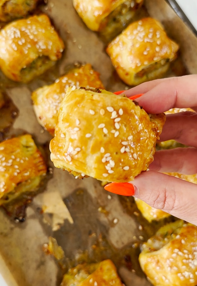 Hidden veggie sausage rolls fresh out of the oven and golden brown. 