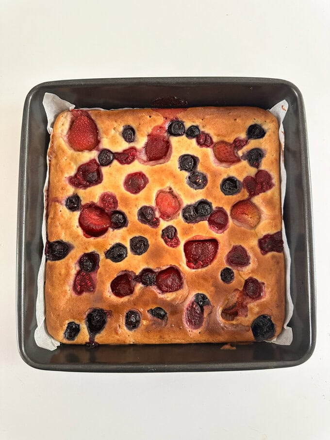 Breakfast cake fresh out of the oven, looking golden brown and ready to eat.