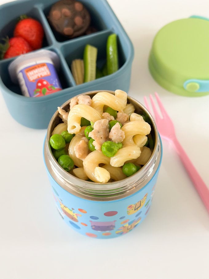 Close up of Sausage & Cheese Pasta served in a child's hot food flask
