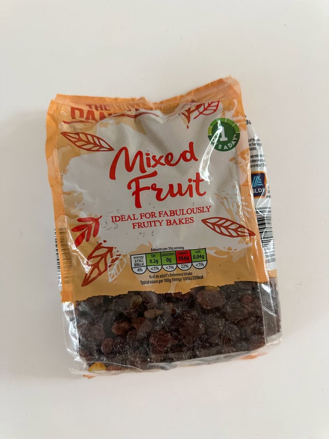 A bag of dried mixed fruit.