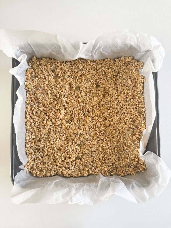 Mixture transferred into a lined baking tray, ready for the oven.