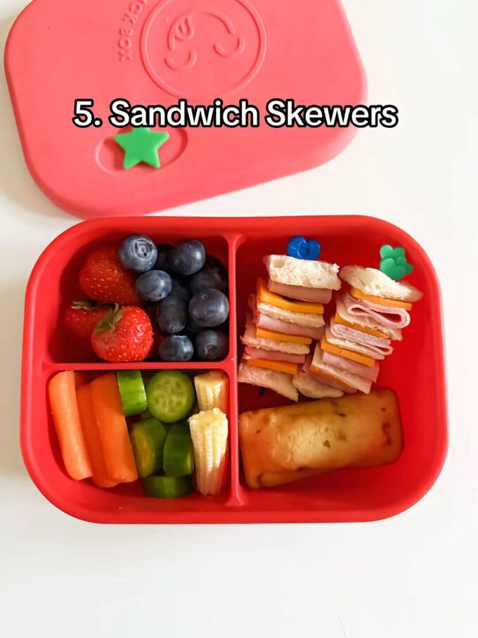 Sandwich Skewers served on Pick sticks and all in a bright red kids lunch box.